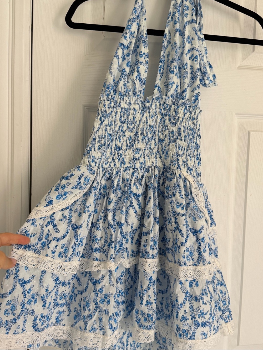 Olivaceous White and Blue Floral Halter Tiered Sun Dress
